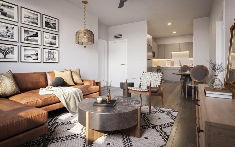 a living room with a couch and a table