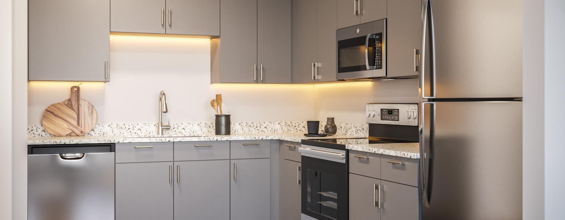 a kitchen with white cabinets