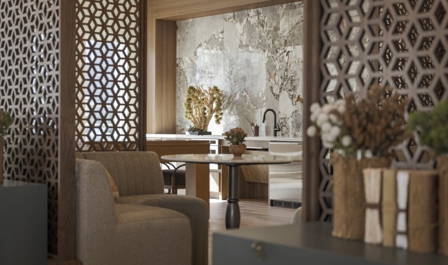 seating and a wet bar in the distance